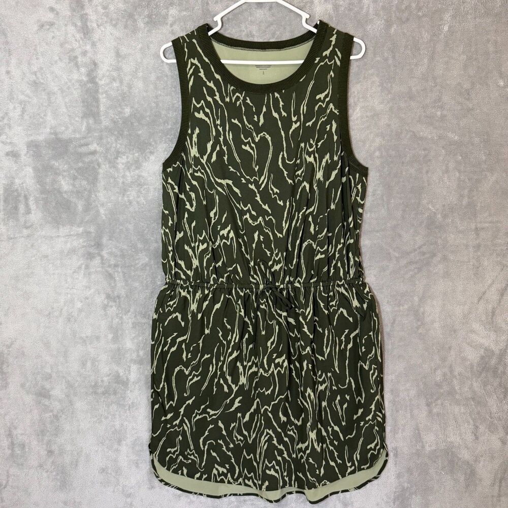 Athleta Rincon Print Dress L Olive Green Abstract Drawstring Waist Lightweight